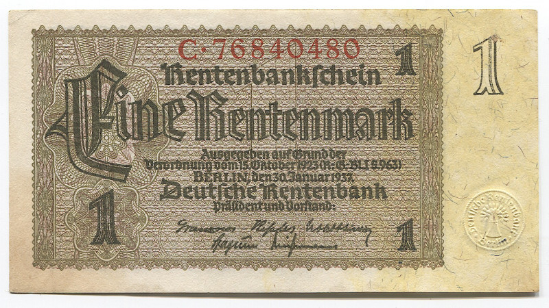 Germany - Third Reich 1 Rentenmark 1937
P# 173b; # C76840480; AUNC