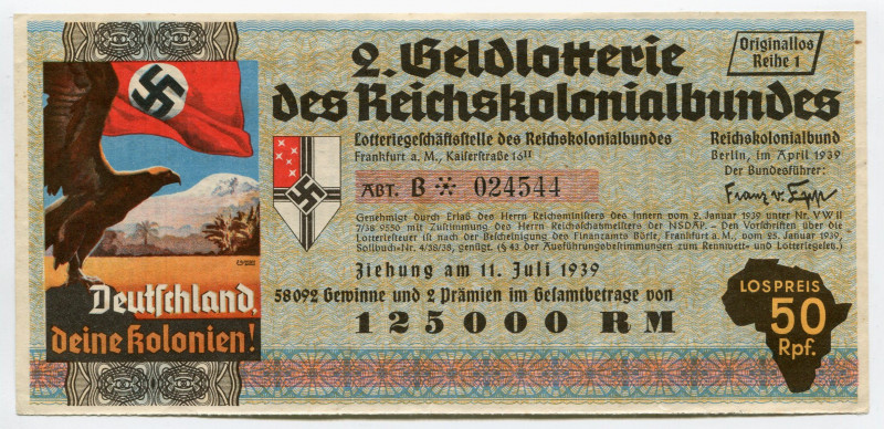 Germany - Third Reich Lottery Ticket 50 Pfennig 1939
# B 024544; XF-AUNC