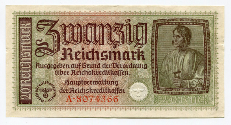 Germany - Third Reich 20 Reichsmark 1940 - 1945 (ND)
P# R139; XF+