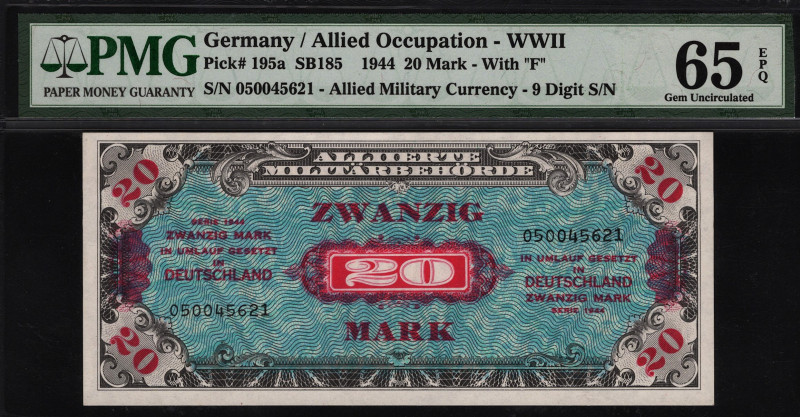 Germany - Third Reich 20 Mark 1944 Allied Occupation PMG 65 EPQ
P# 195a; UNC