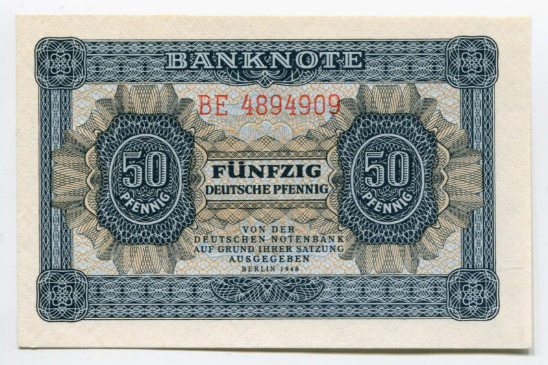 Germany - DDR 50 Pfennig 1948
P# 8b; # BE 4894909; Deutsche Notenbank 1948 Issu...