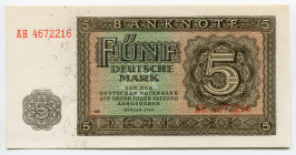Germany - DDR 5 Deutsche Mark 1948
P# 11b; # AH 4672216; Deutsche Notenbank 1948 Issue; UNC