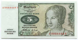 Germany - FRG 5 Deutsche Mark 1960
P# 18a; № A 0084448 V; UNC; "Woman (by Albrecht Dürer)"