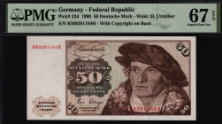 Germany - FRG 50 Mark 1980 PMG 67 EPQ
P# 33d; UNC