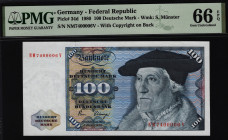 Germany - FRG 100 Mark 1980 PMG 66 EPQ
P# 34d; UNC
