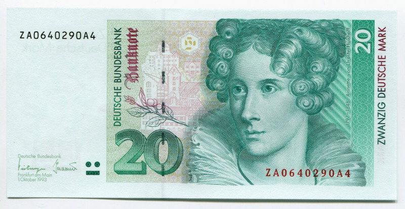 Germany - FRG 20 Mark 1993
P# 39b; Serie Z; UNC; "Annette von Droste-Hülshoff"