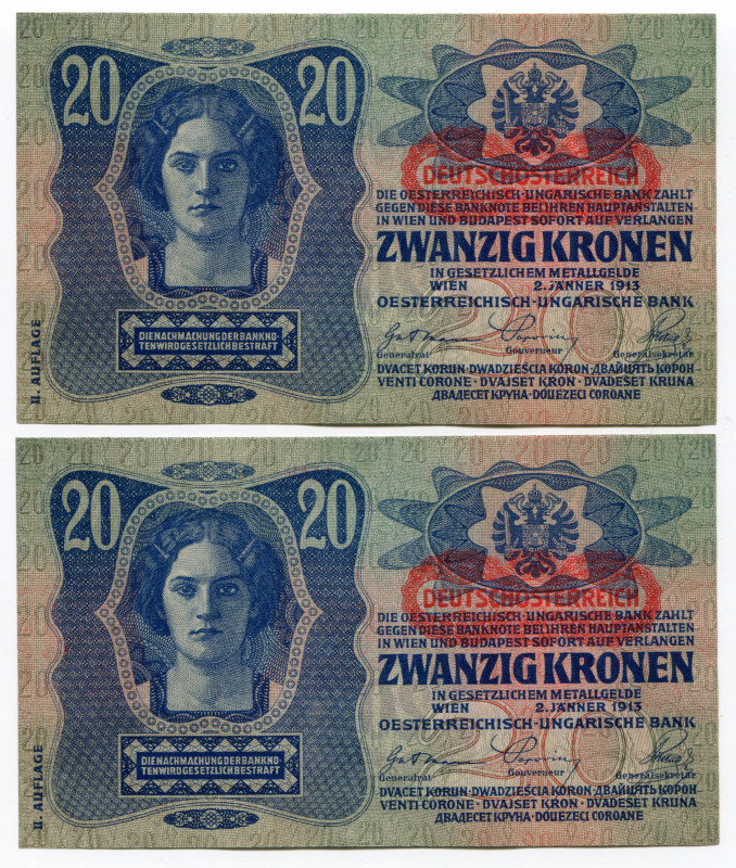 Austria 2 x 20 Korona 1919 (1913) With Consecutive Numbers
P# 53; #1118 846520-...
