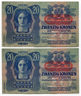 Austria 2 x 20 Korona 1919 (1913) With Consecutive Numbers
P# 53; #1118 846520-21; UNC-
