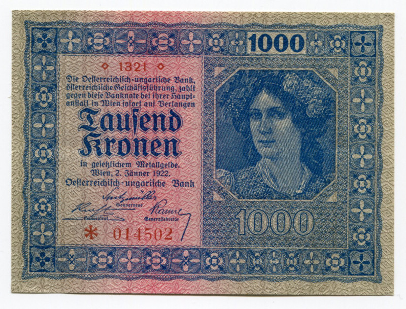 Austria 1000 Kronen 1922
P# 78; UNC-