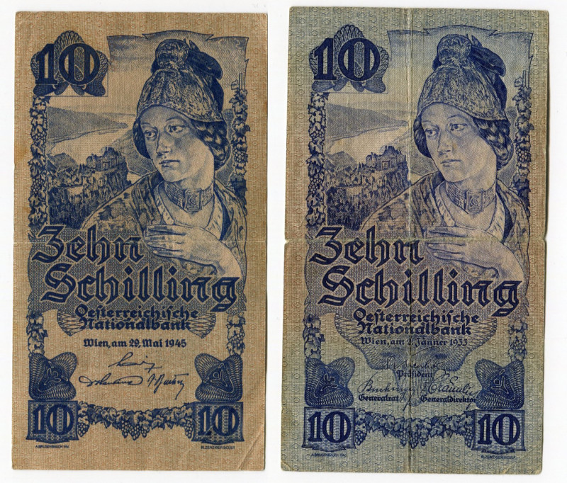 Austria 2 x 10 Schilling 1933 - 1945
P# 99b; P#144;b XF