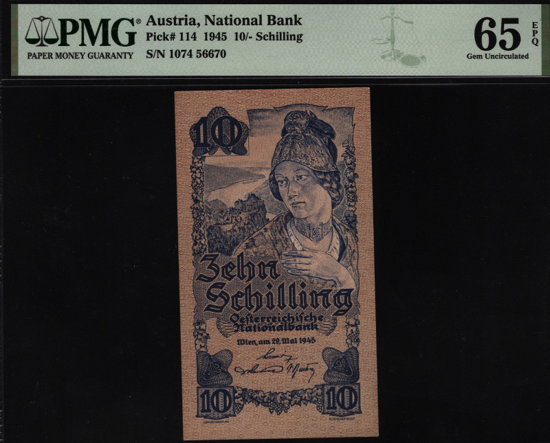 Austria 10 Schilling 1945 PMG 65 EPQ
P# 114; UNC