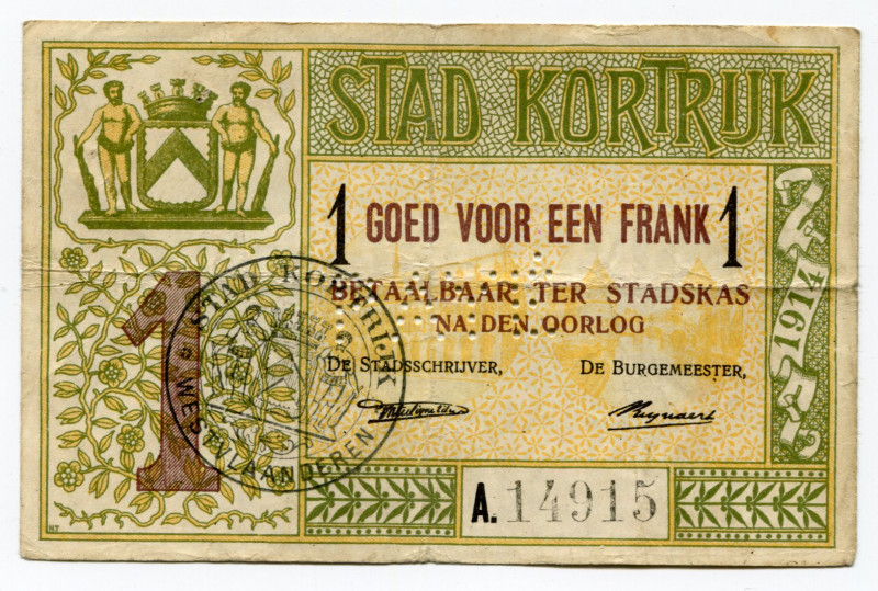 Belgium Kortrijk 1 Franc 1914 Cancelled Note
# A14915