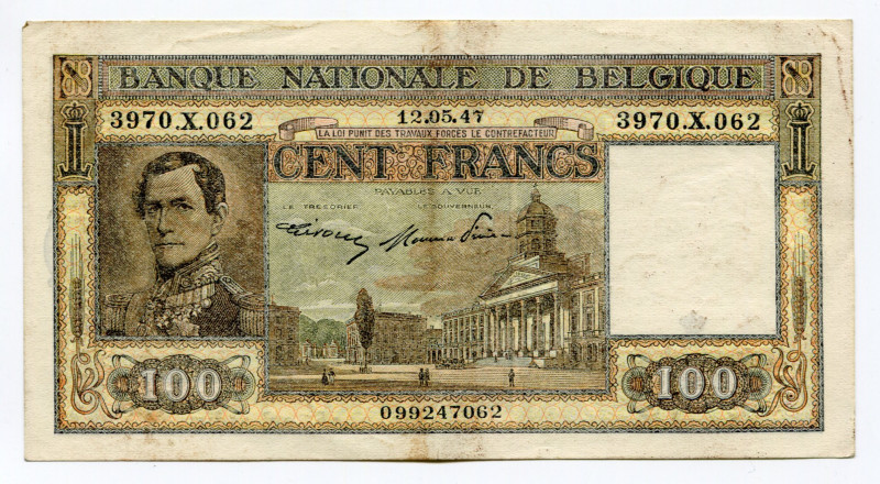 Belgium 100 Francs 1947
P# 126; XF-