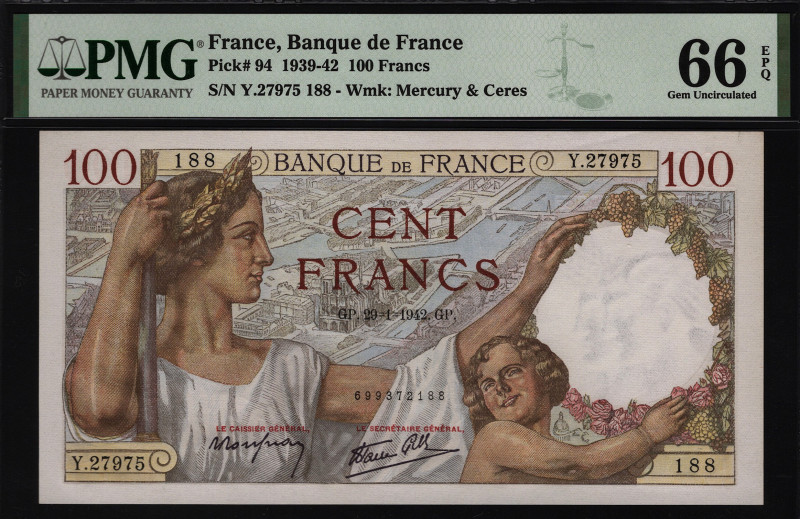 France 100 Francs 1942 PMG 66 EPQ
P# 94; UNC