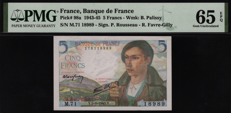 France 5 Francs 1943 PMG 65 EPQ
P# 98a; UNC