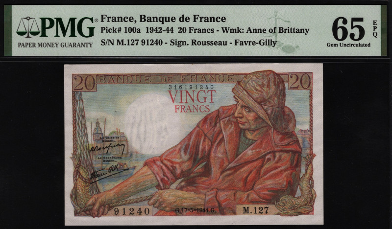 France 20 Francs 1944 PMG 65 EPQ
P# 100a; UNC