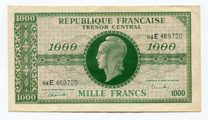 France 1000 Francs 1945 Series "E"
P# 107; XF+