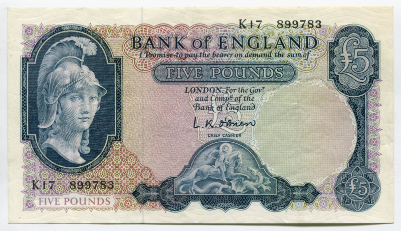 Great Britain 5 Pounds ND 1957 - 1961
P# 371a; # K17 899783; UNC