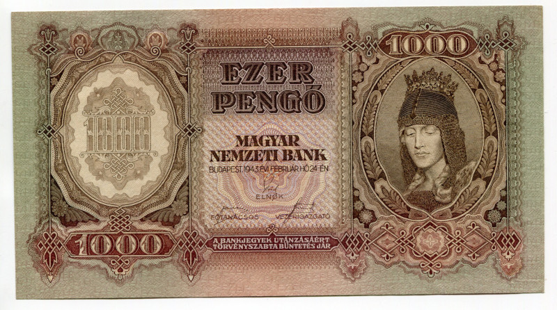 Hungary 1000 Pengo 1943 German Occupation WWII
P# 116; UNC