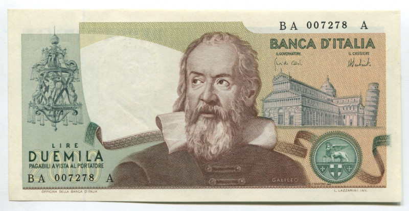 Italy 2000 Lire 1973
P# 103a; № BA 007278 A; UNC; "Galileo Galilei"