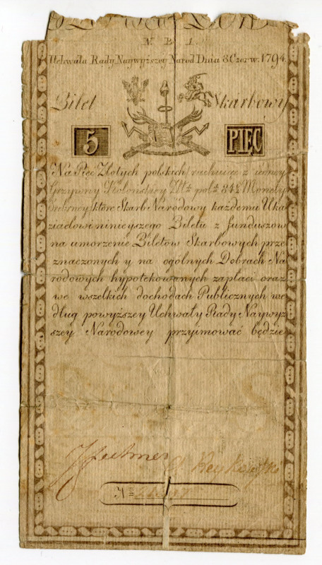 Poland 5 Zlotych 1794
P# A1a; # B 1 21397; Thin Paper; Treasure Note