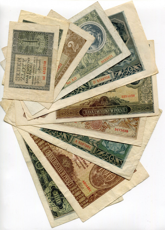 Poland Lot of 10 Banknotes 1940 - 1941
P# 94; P# 96; P# 97; P# 98; P# 99; P# 10...