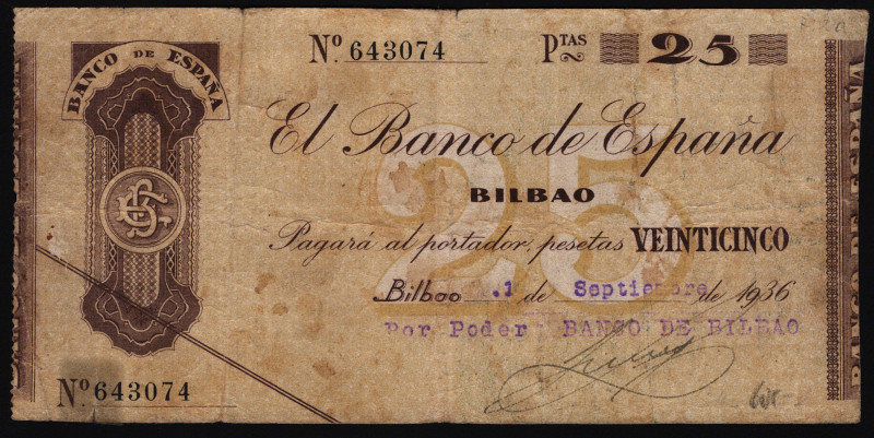 Spain Bilbao 25 Pesetas 1936
P# S522a; VF