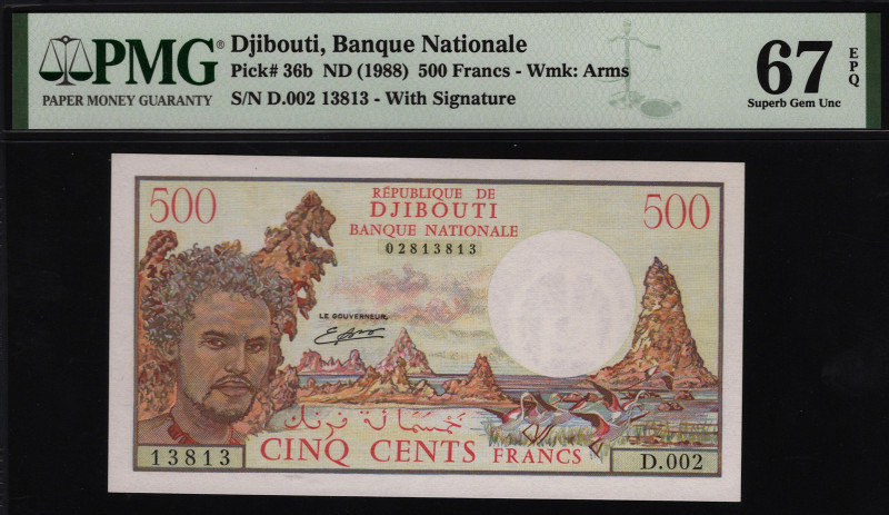 Djibouti 500 Francs 1988 PMG 67 EPQ
P# 36b; UNC