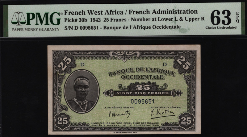 French West Africa 25 Francs 1942 PMG 63 EPQ
P# 30b; UNC