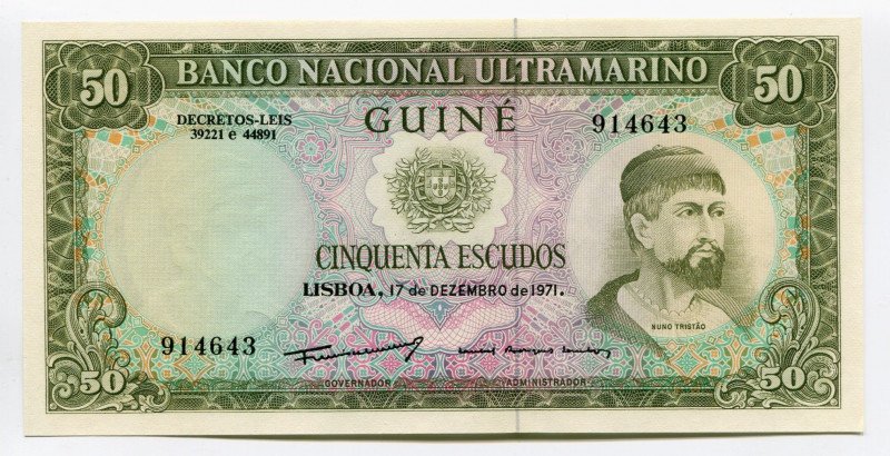 Portuguese Guinea 50 Escudos 1971
P# 44a; UNC; "Nuno Tristão"