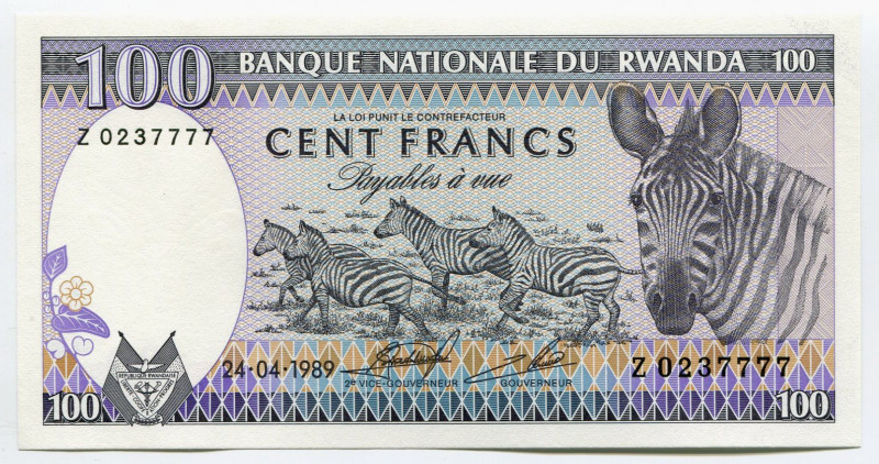 Rwanda 100 Francs 1989 Fine Serial
P# 19a; № Z 0237777; UNC