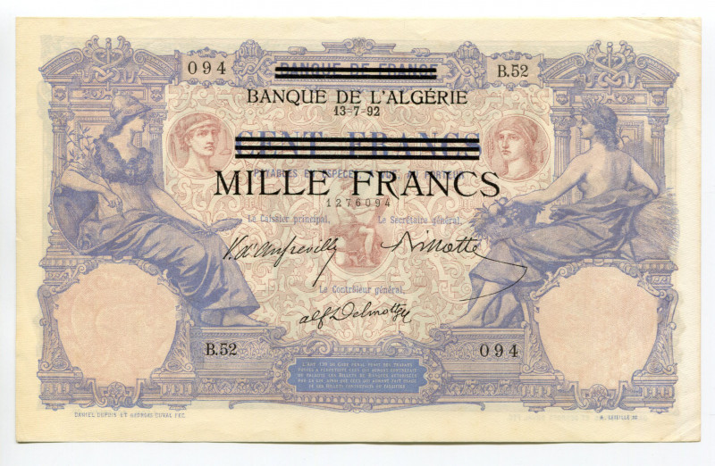 Tunisia 1000 Francs on 100 Francs 1942 - 1943 (ND)
P# 31; XF