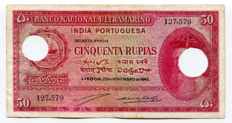 India Portuguese 50 Escudos 1945 Cancelled Note
P# 38