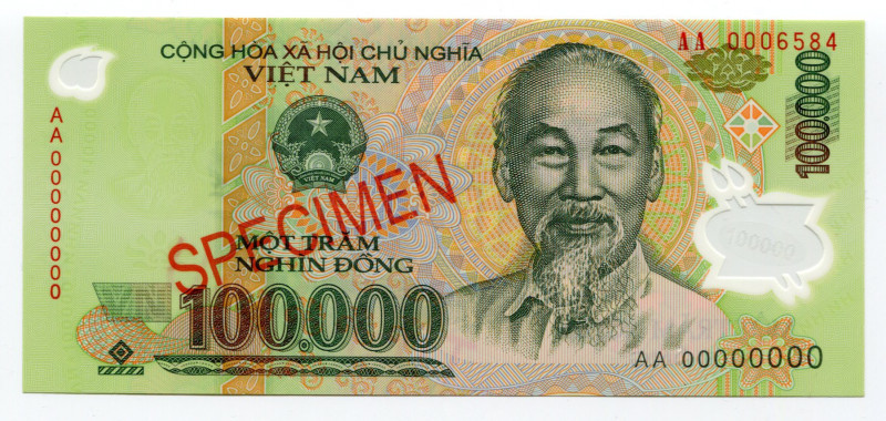 Vietnam 100000 Dong 2004 - 2014 Specimen
P# 122s; Polymer; UNC