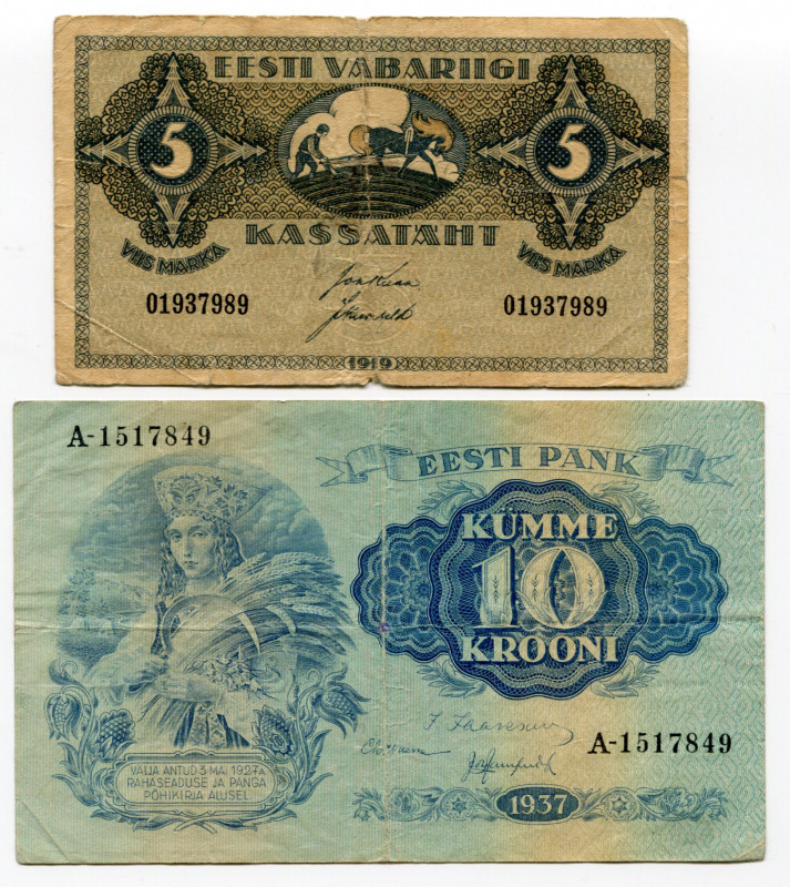 Estonia 5 Marka & 10 Krooni 1919 - 1937
P# 45a, 67a