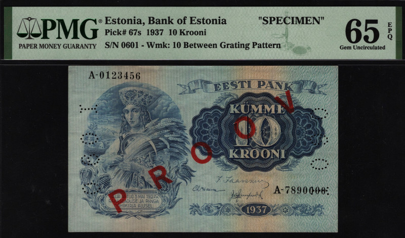 Estonia 10 Krooni 1937 Specimen PMG 65 EPQ
P# 67s; UNC
