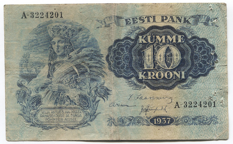 Estonia 10 Krooni 1937
P# 67; #A 3224201; VF