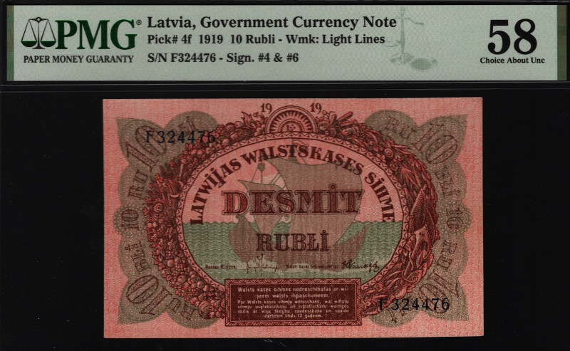 Latvia 10 Roubles 1919 PMG 58
P# 4f; AUNC