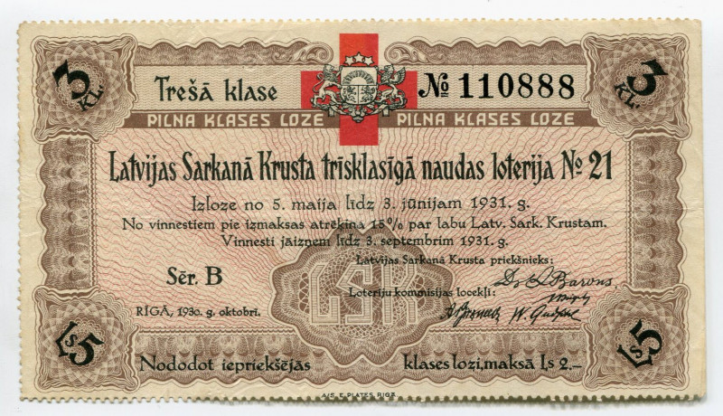 Latvia Lottery Ticket 1930
# B 110888; VF