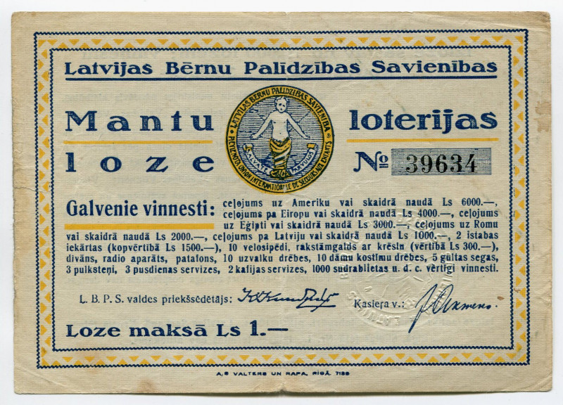 Latvia Lottery Ticket 1 Lats 1935
# 39634; VF-XF
