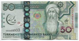 Turkmenistan 50 Manat 2017 Commemorative
P# 40; № AA 9999933; UNC; Fine Serial; "Gorkut Ata Turkmen"