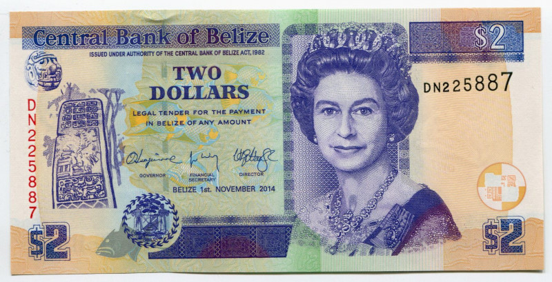 Belize 2 Dollars 2014
P# 66e; # DN 225887; UNC