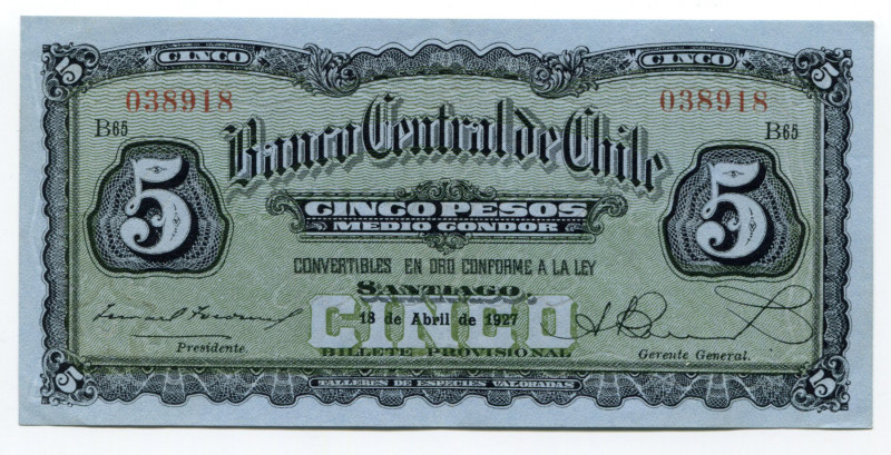 Chile 5 Pesos 1927
P# 82; XF