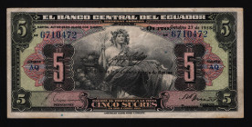 Ecuador 5 Sucres 1938
P# 84b; VF