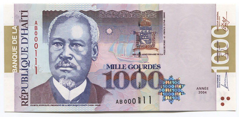 Haiti 1000 Gourdes 2004 Fine Serial
P# 278b; № AB 000111; UNC