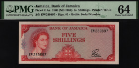 Jamaica 5 Shillings 1964 PMG 64
P# 51Aa; UNC