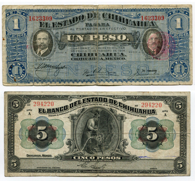 Mexico Chihuahua 1 - 5 Pesos 1913 - 1914
P# S132; S530a