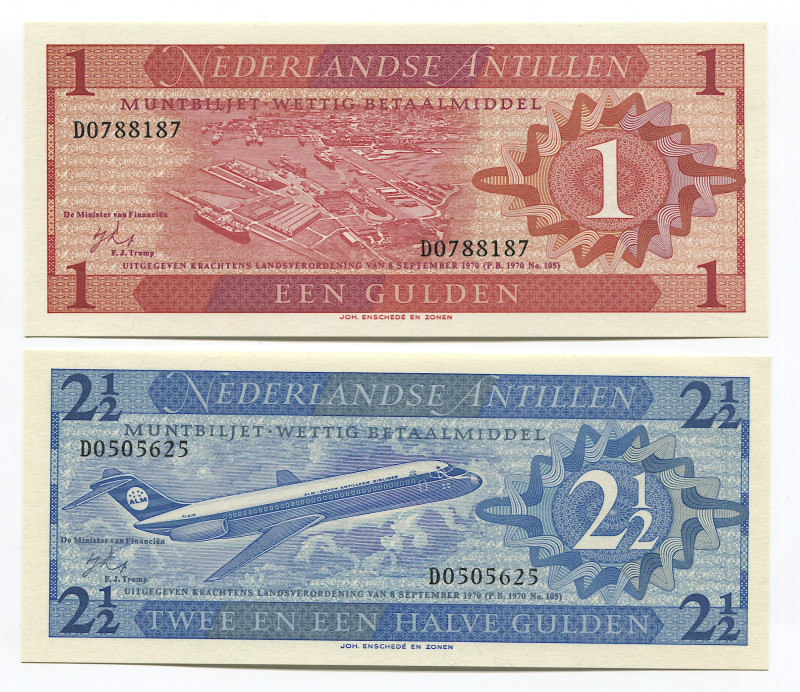 Netherlands Antilles 1 & 2-1/2 Gulden 1970
P# 20a, 21a; UNC