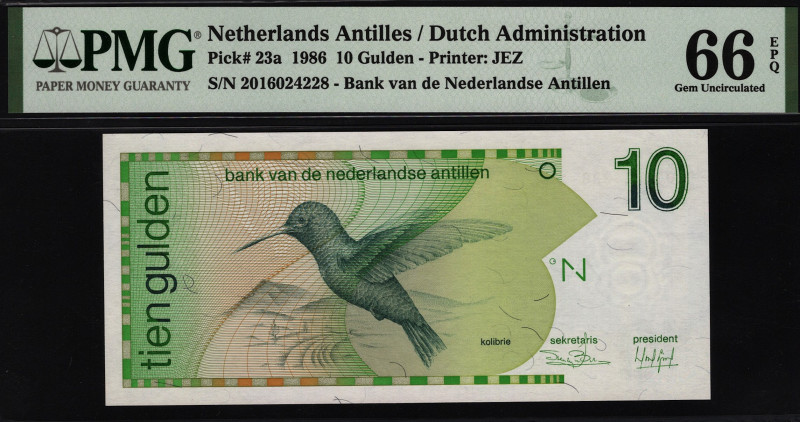 Netherlands Antilles 10 Gulden 1986 PMG 66 EPQ
P# 23a; UNC