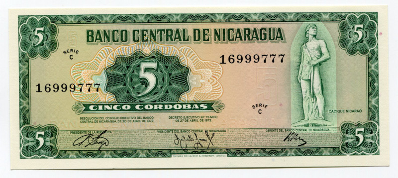 Nicaragua 5 Cordobas 1972 Fancy S/N
P# 122; # 16999777; UNC